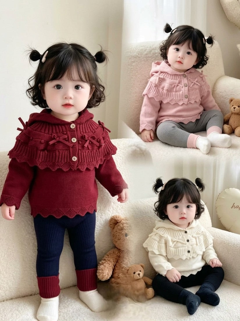 Girls Knitted Bow Cape Sweater Set
