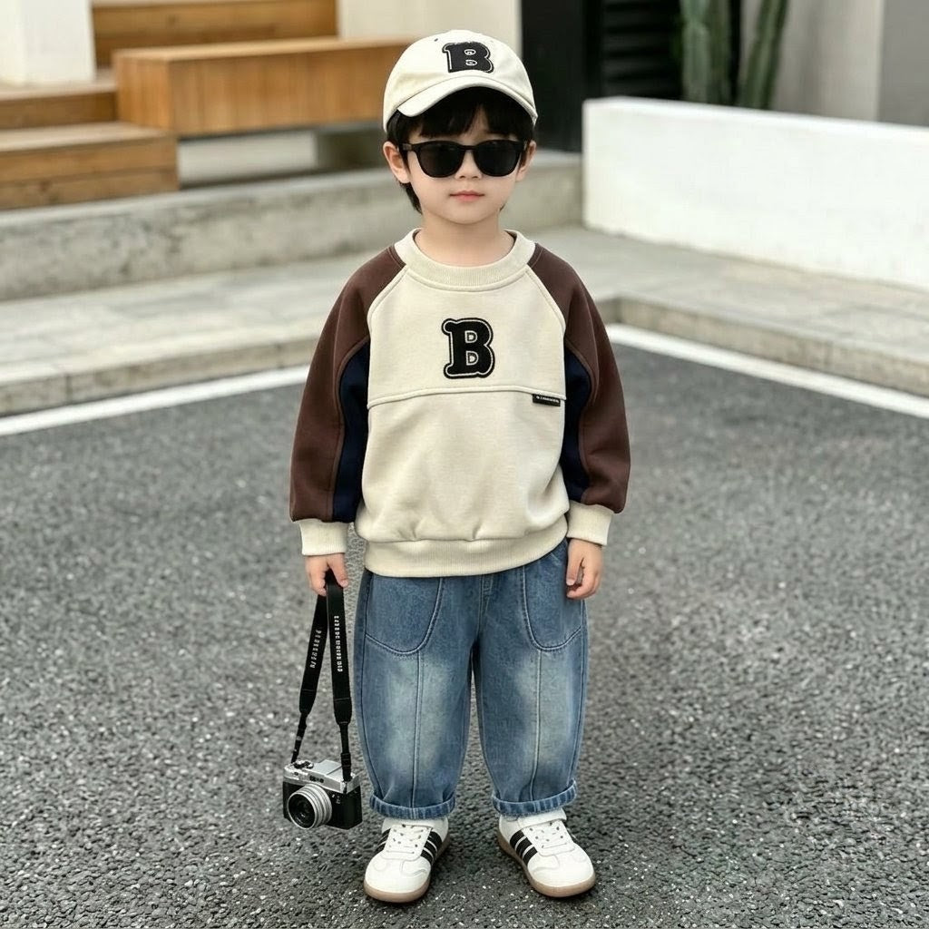 Boys Beige & Brown Letter Print Sweatshirt & Denim Jeans Set