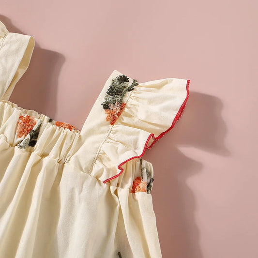 Floral Embroidered Ruffle Top & Red Shorts Set