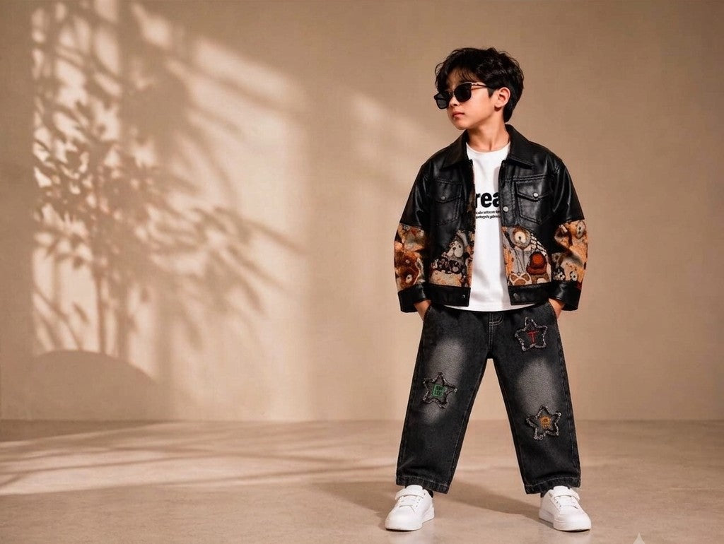 Boys Premium Black Leather Jacket & Star Patch Denim Set