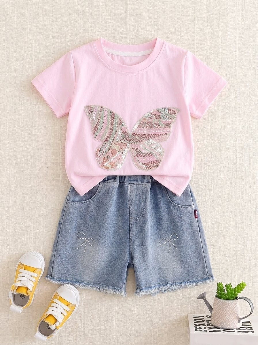Pink Butterfly & Denim Shorts Set