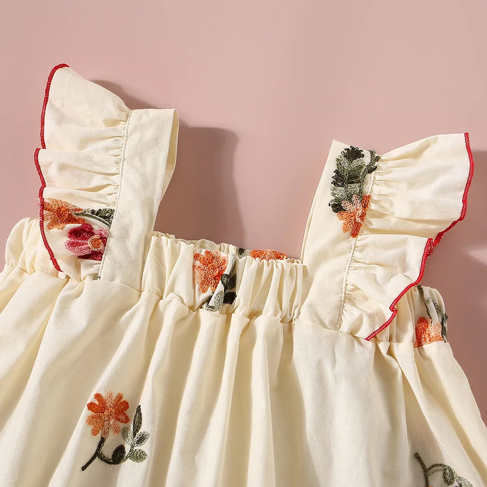 Floral Embroidered Ruffle Top & Red Shorts Set