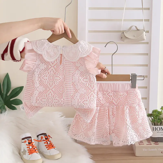 Girls' Pink Lace Co-ord Set with Matching Mini Bag