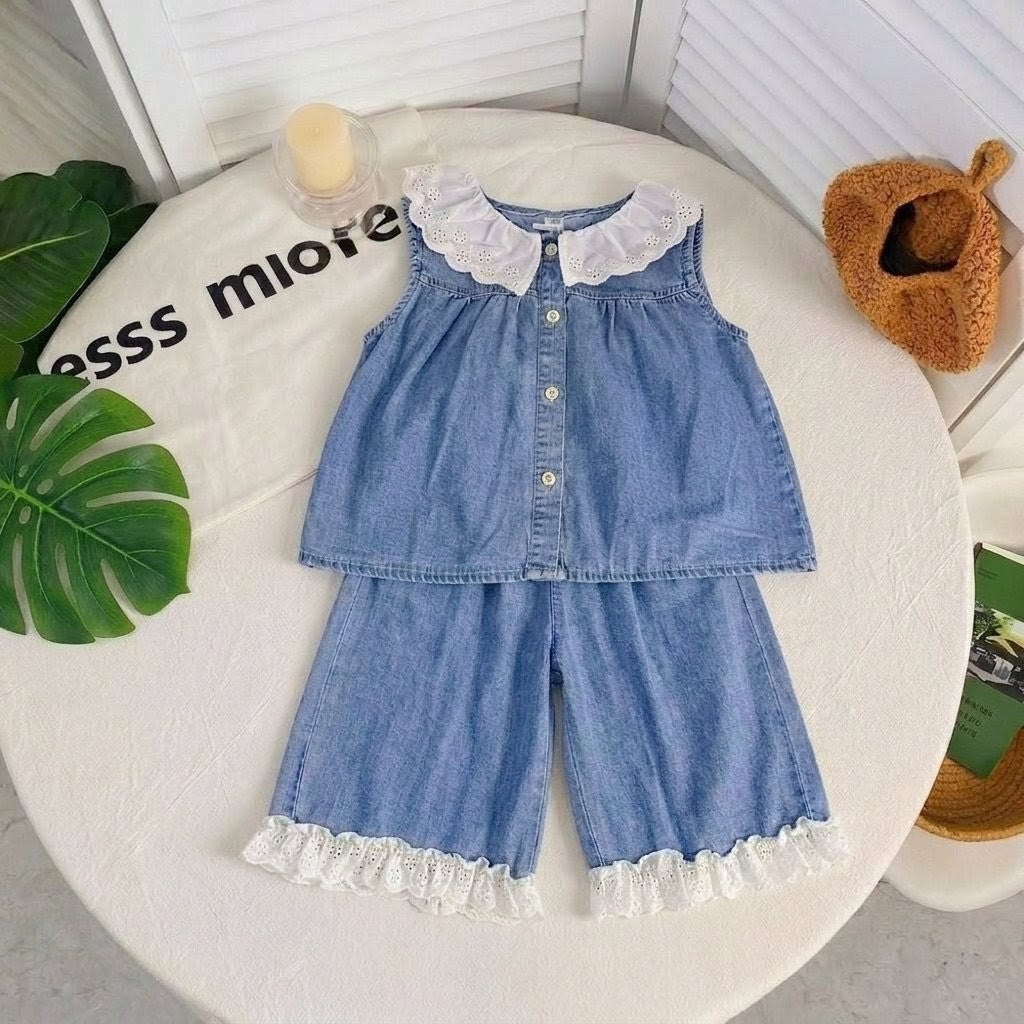 2pc Denim Sleeveless Set With Locket