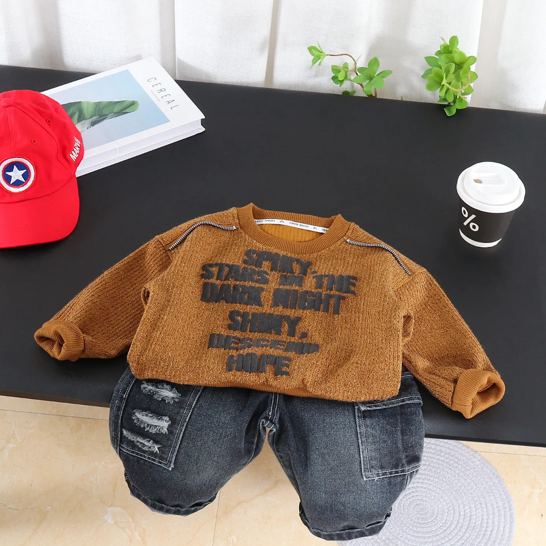 Kids Textured Sweatshirt & Denim Pants Set
