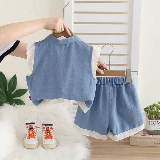 Girls' Denim Vest & Shorts Co-ord Set with Lace Trim