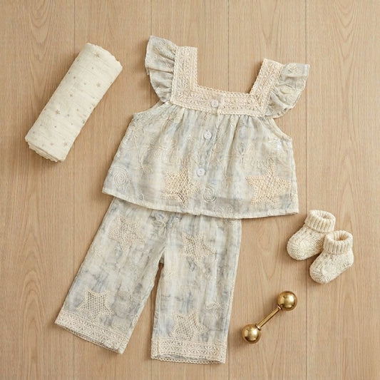 Girls Embroidered Lace Ruffle Co-Ord Set