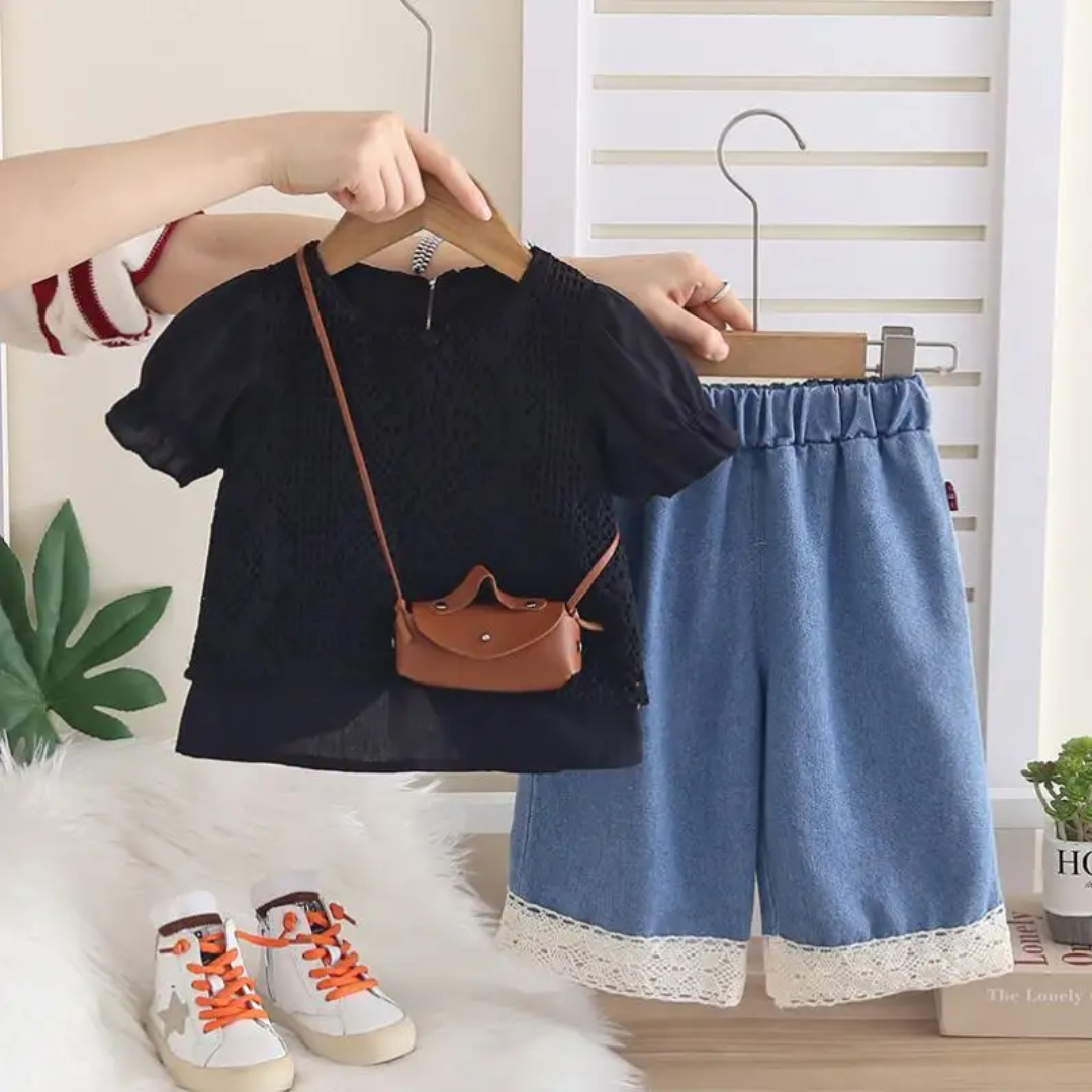 Girls' Black Lace Top & Denim Culottes Set with Crossbody Bag