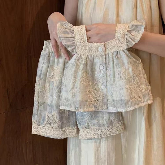Girls Embroidered Lace Ruffle Co-Ord Set