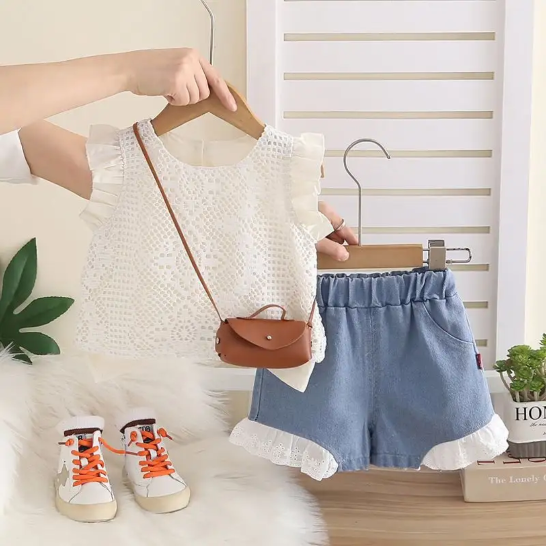 Girls' Lace Top & Denim Shorts Co-ord Set with Crossbody Bag