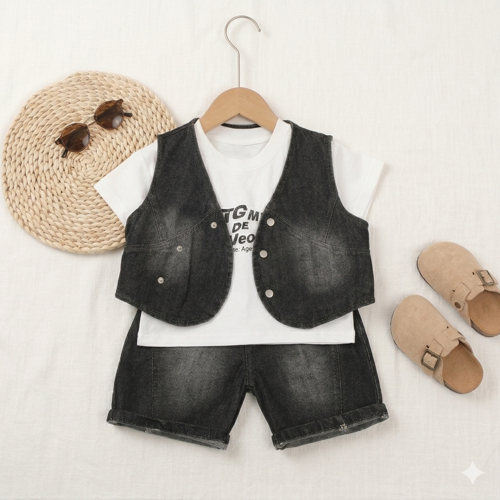 The "Rocker Rebel" 3-Piece Denim Set – Washed Black