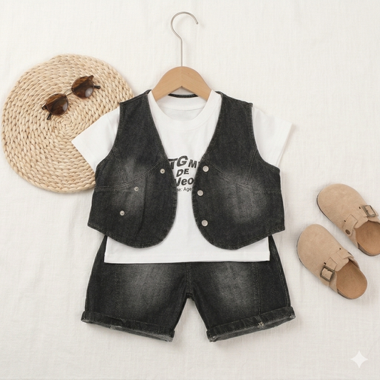 The "Rocker Rebel" 3-Piece Denim Set – Washed Black