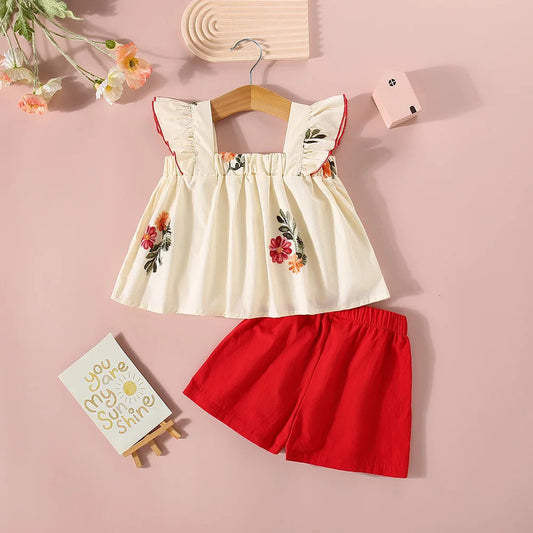 Floral Embroidered Ruffle Top & Red Shorts Set