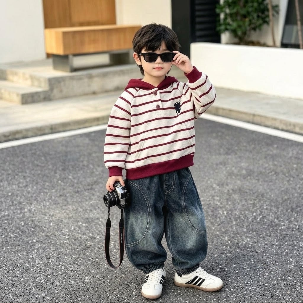 Boys Premium Striped Hoodie & Denim Jogger Set