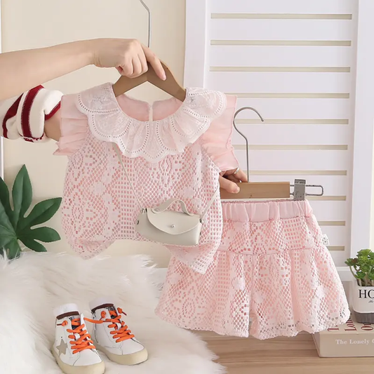 Girls' Pink Lace Co-ord Set with Matching Mini Bag