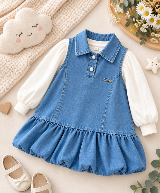Girls Denim Frock with Puff Sleeves
