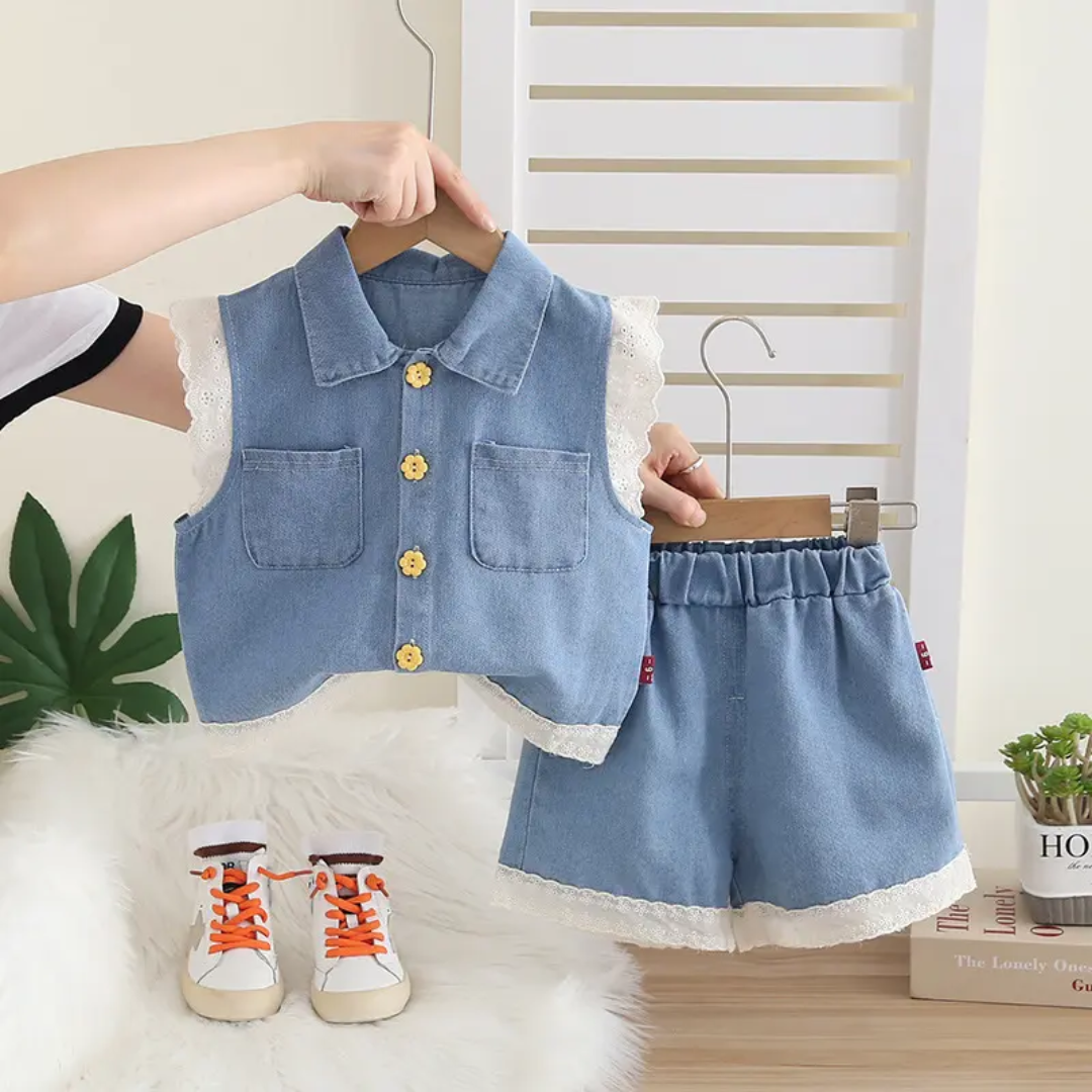 Girls' Denim Vest & Shorts Co-ord Set with Lace Trim