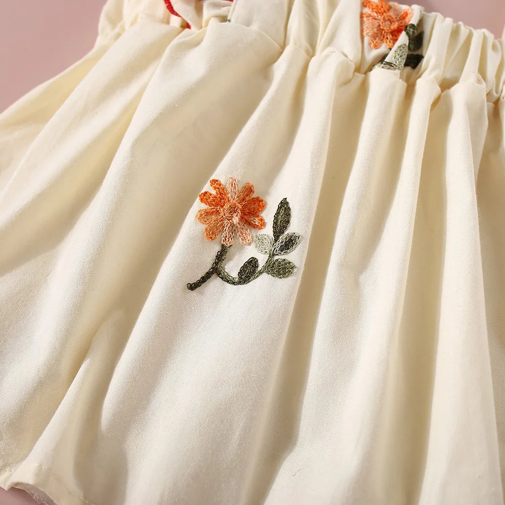 Floral Embroidered Ruffle Top & Red Shorts Set
