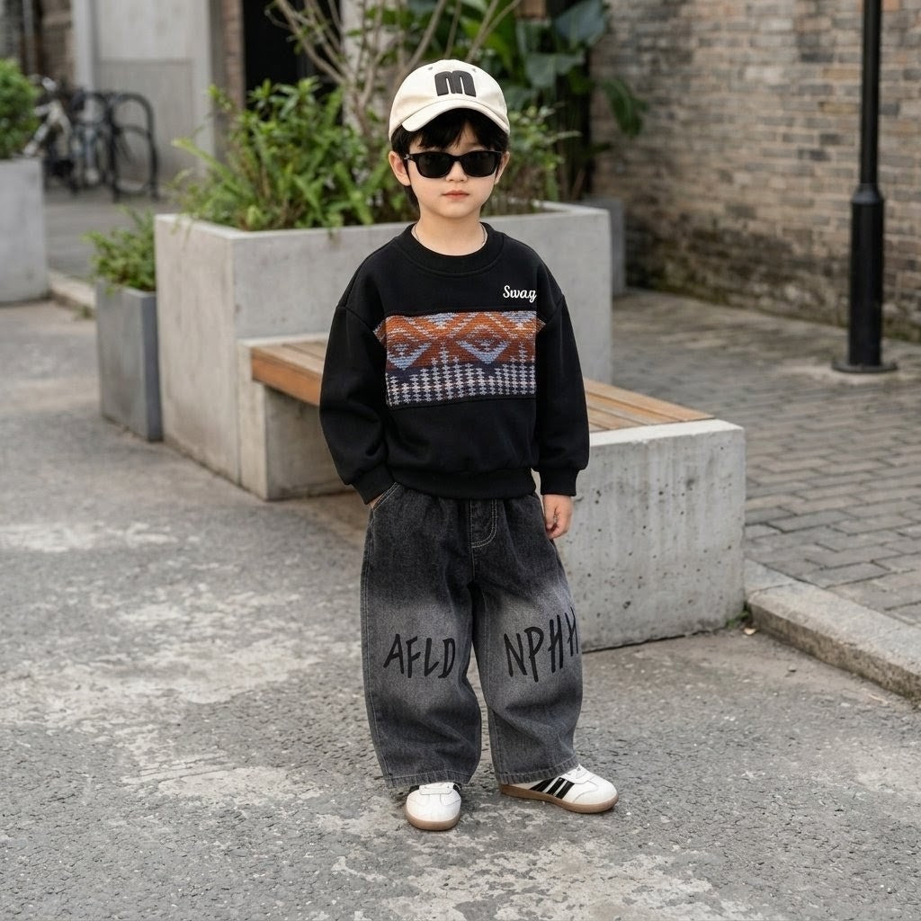Boys Black Patterned Panel Sweatshirt & Baggy Graphic Jeans Set
