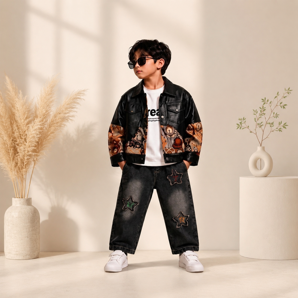 Boys Premium Black Leather Jacket & Star Patch Denim Set