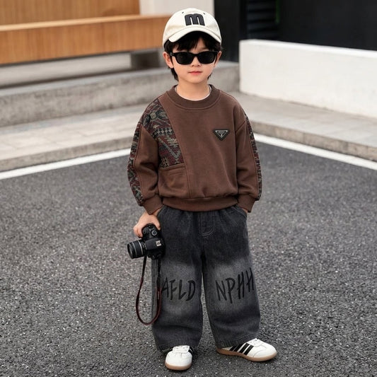 Boys Brown Printed Panel Sweatshirt & Wide-Leg Denim Set