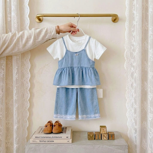 Starry Denim Peplum & Lace Set
