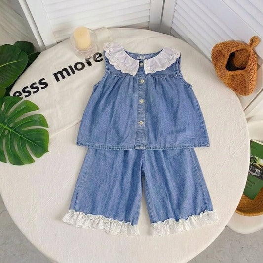2pc Denim Sleeveless Set With Locket