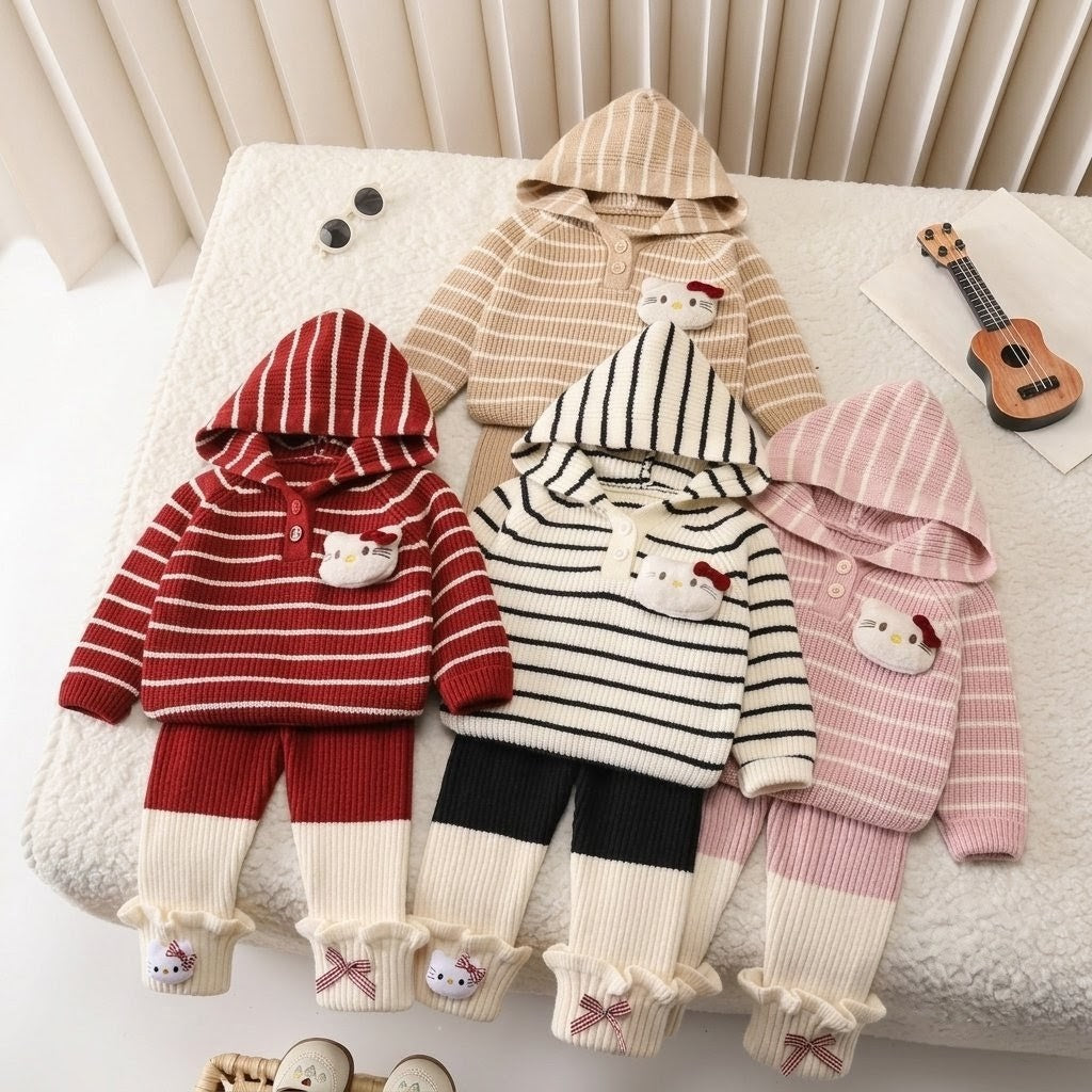 Striped Hooded 2-Piece Knit Set – Hello Kitty