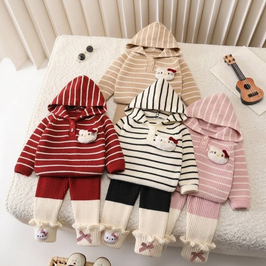 Striped Hooded 2-Piece Knit Set – Hello Kitty